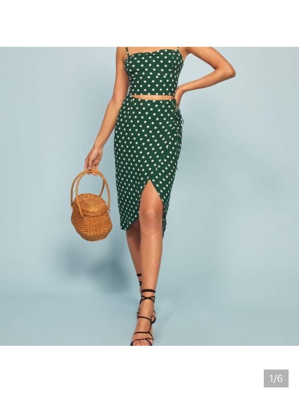 Reformation Green Polka Dot Midi Skirt with Front Slit